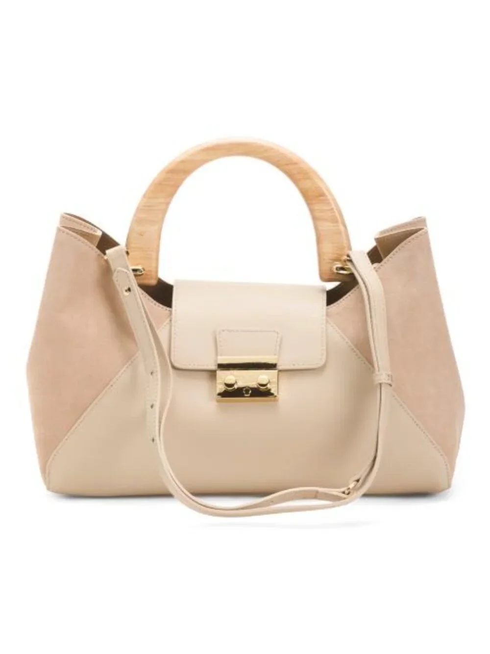 CLAUDIA Made In Italy Suede East West Satchel With Wood Handle - Picture 1 of 5